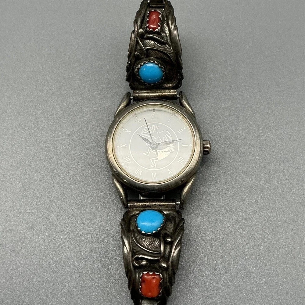 Native American Womens Watch 23mm Kokopelli Sterling Stamped Turquoise New Batt